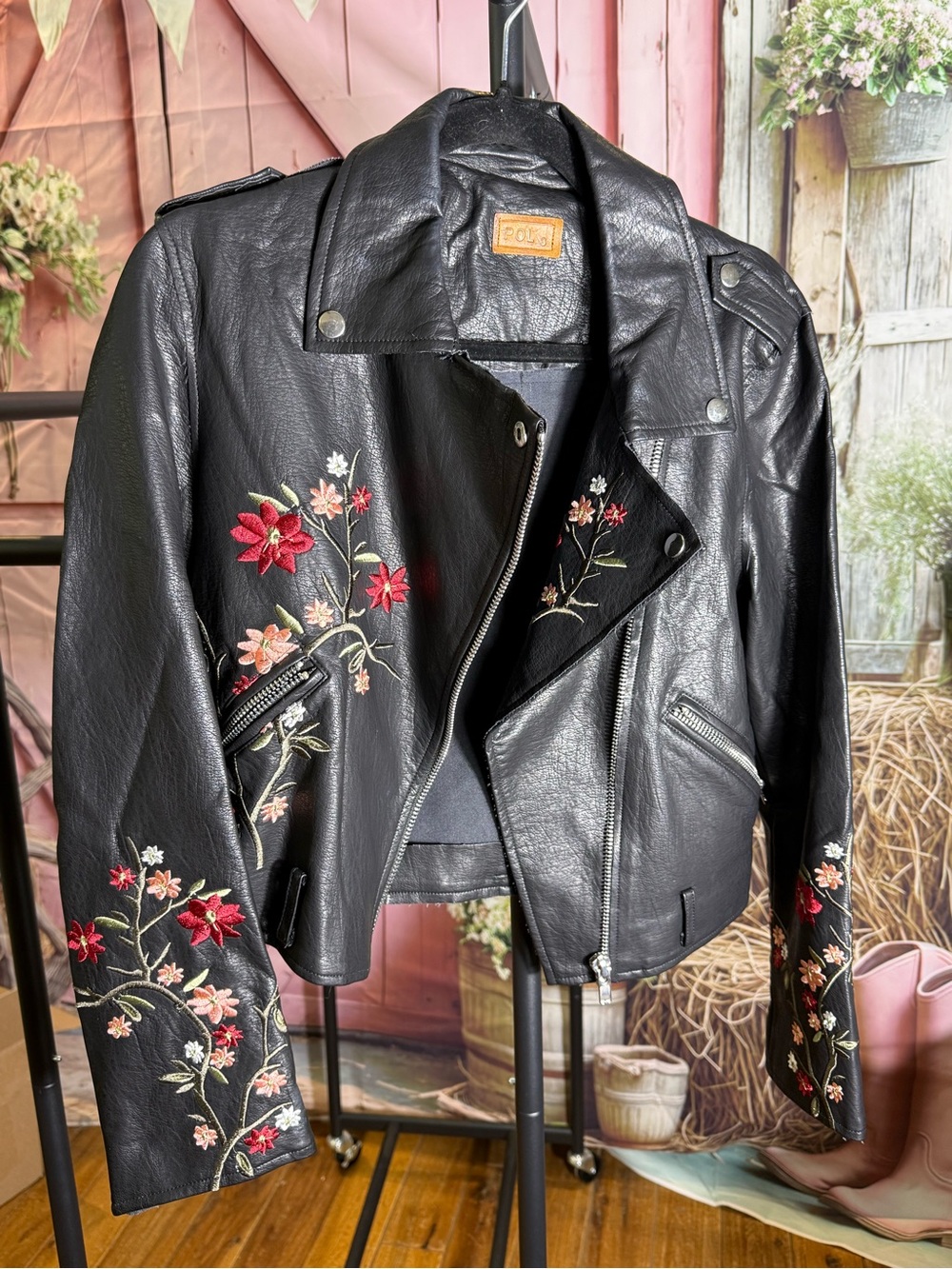 POL Black Floral Embroidered Faux Leather Moto Jacket Size Small